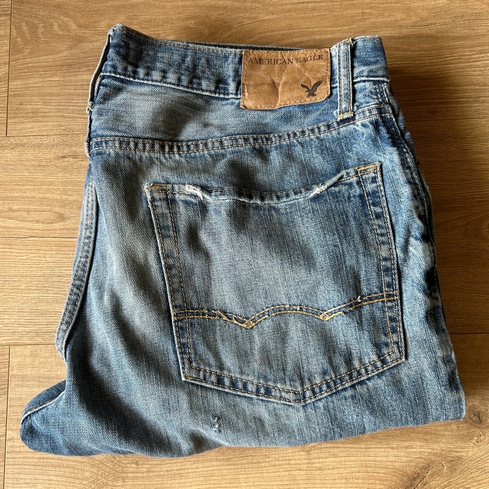 American Eagle Mens Distressed Straight Leg Jeans‎ Blue Denim 34x34 100% Cotton